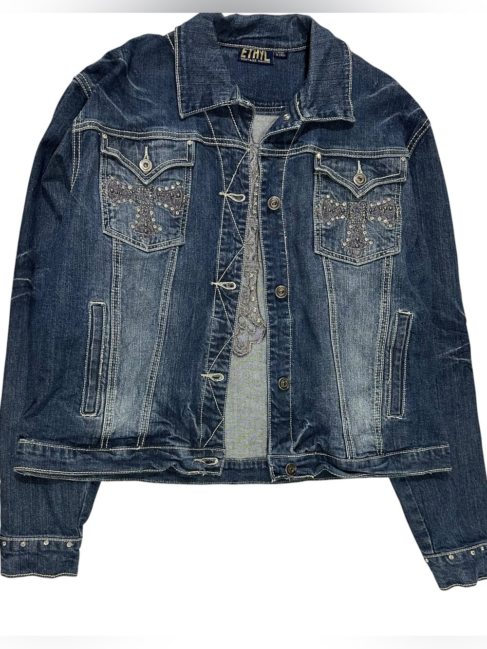 Ethyl Y2K Vintage Dark Wash Denim Embellish Rhinestone Cross Jean Jacket size L